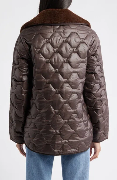 Sam Edelman Wide Hexagon Quilted Coat With Removable Faux Fur Collar In Brown