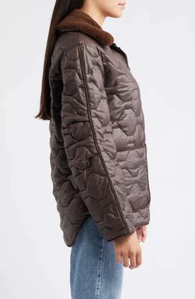 Sam Edelman Wide Hexagon Quilted Coat With Removable Faux Fur Collar In Brown