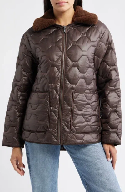 Sam Edelman Wide Hexagon Quilted Coat With Removable Faux Fur Collar In Brown