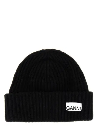 Ganni Womens Black Logo-patch Wool-blend Beanie Hat In Black