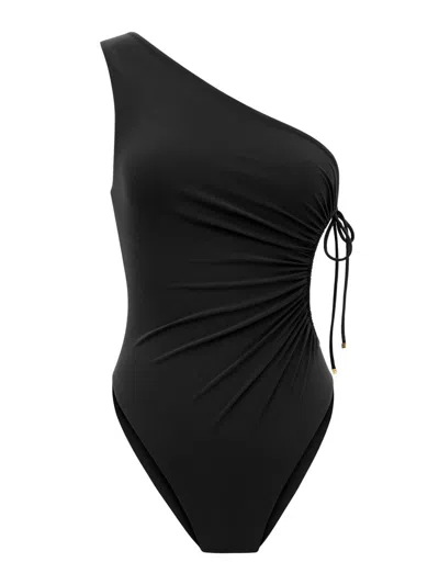 Saint Laurent One-shoulder Ruched Swimsuit With Side Cut-out In Black