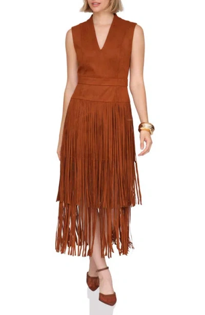 Avec Les Filles Sleeveless Fringe Dress In Brown