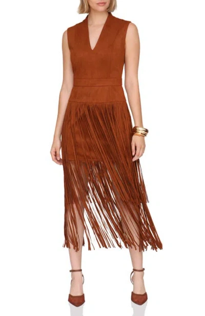 Avec Les Filles Sleeveless Fringe Dress In Brown
