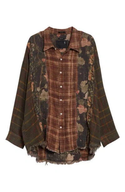 R13 Shredded Seam Drop Neck Plaid Flannel Button-up Shirt In Brown