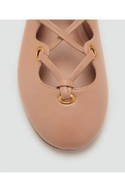 Mango Leather Ballet Flats With Crossed Straps Nude In Nude