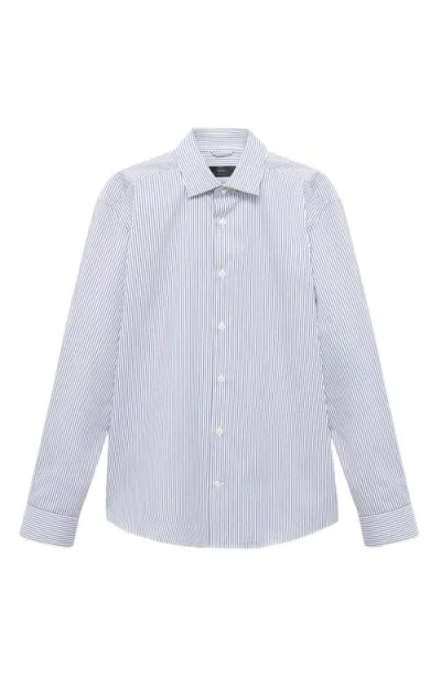 Mango Regular Fit Stripe Stretch Cotton Blend Button-up Shirt In Blue