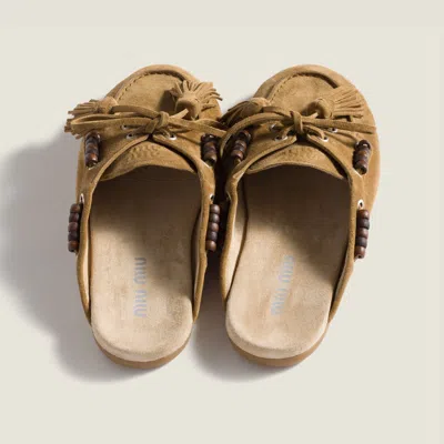 Miu Miu Beaded Tassel Flat Mules In Brown