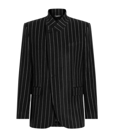 Dolce & Gabbana Pinstripe Wool Blend Single Breasted Coat In Black