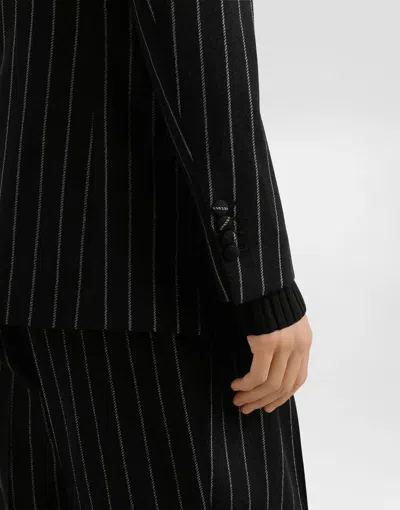 Dolce & Gabbana Pinstripe Wool Blend Single Breasted Coat In Black