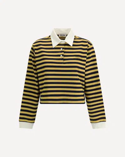 Miu Miu Striped Jersey Oversized Cropped Polo Shirt In Yellow