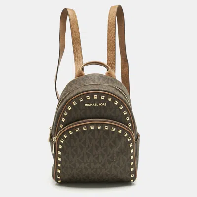 Pre-owned Michael Michael Kors Brown Signature Coated Canvas Studded Abbey Backpack