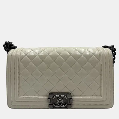Pre-owned Chanel White Quilted Patent Leather Medium Boy Flap Bag
