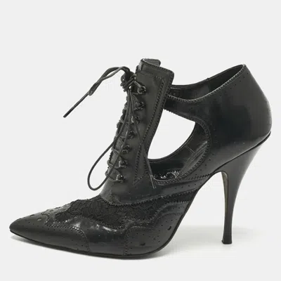 Pre-owned Givenchy Black Leather And Lace Pointed Toe Ankle Boots Size 40
