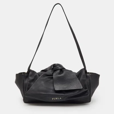 Pre-owned Furla Black Leather Knot Bow Flap Shoulder Bag