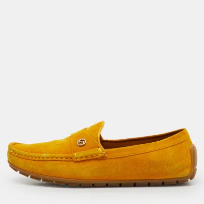 Pre-owned Gucci Yellow Suede Interlocking G Slip On Driving Loafers Size 41.5