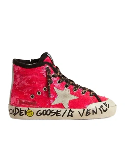 Golden Goose Young Francy In Sequins With Ice-gray Suede Star And Animal-print Laces In Red