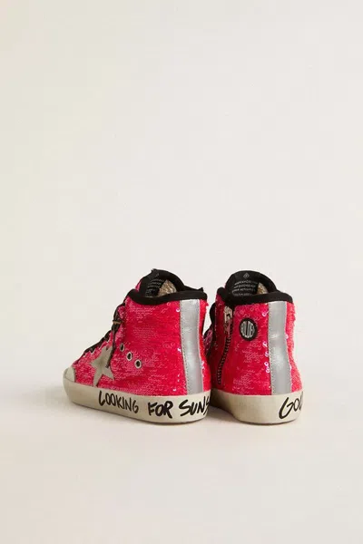 Golden Goose Young Francy In Sequins With Ice-gray Suede Star And Animal-print Laces In Red