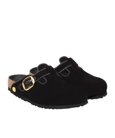 Birkenstock Boston Big Buckle Velvet Mule In Black