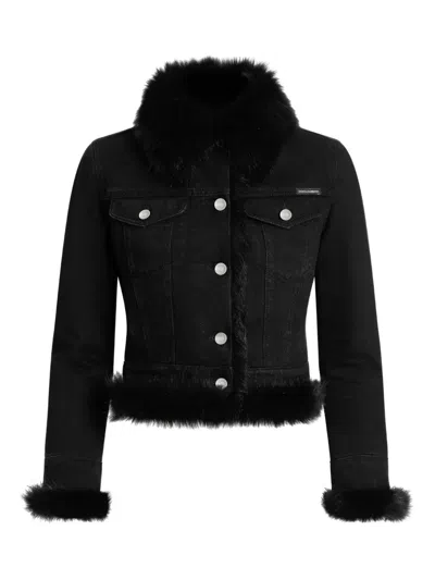 Dolce & Gabbana Cropped Denim Jacket Fur Cuffs In Black