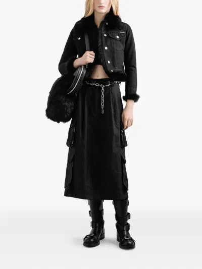 Dolce & Gabbana Cropped Denim Jacket Fur Cuffs In Black