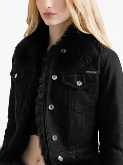 Dolce & Gabbana Cropped Denim Jacket Fur Cuffs In Black