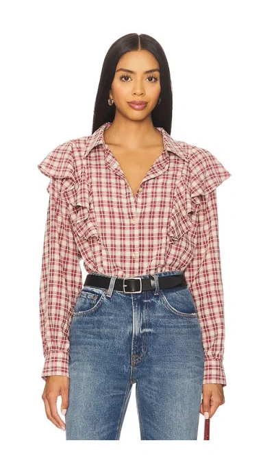 Lna Dru Ruffle Front Blouse In Red