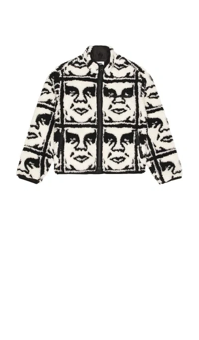 Obey Repeated Icon Insulated Fleece Zip Jacket In White
