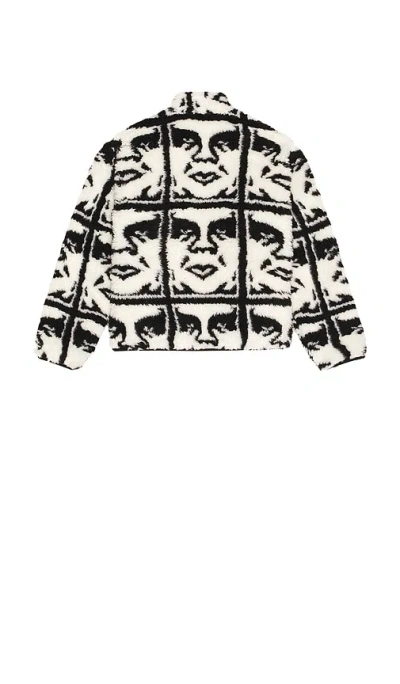 Obey Repeated Icon Insulated Fleece Zip Jacket In White