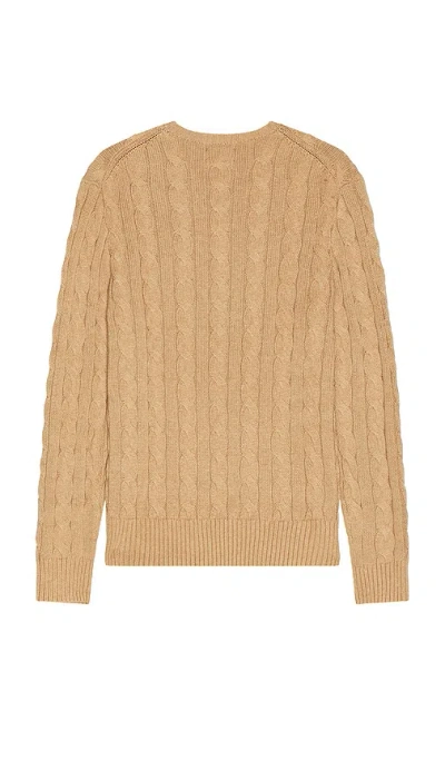Polo Ralph Lauren Beige Cable Knit Crewneck Sweater With Pony Embroidery On The Front In Wool And Cashmere Man In Brown