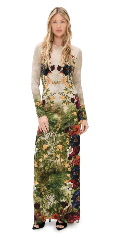 Alice And Olivia Delora Long Sleeve Crew Neck Maxi Dress Forbidden Forest In Multi