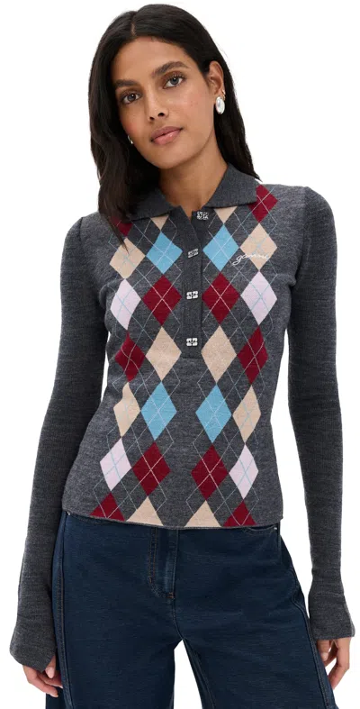 Ganni Fine Merino Wool Jacquard Knitted Polo Shirt In Gray