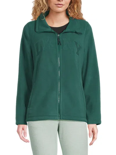 Dkny Women's Embroidered Logo Fleece Zip Jacket In Green