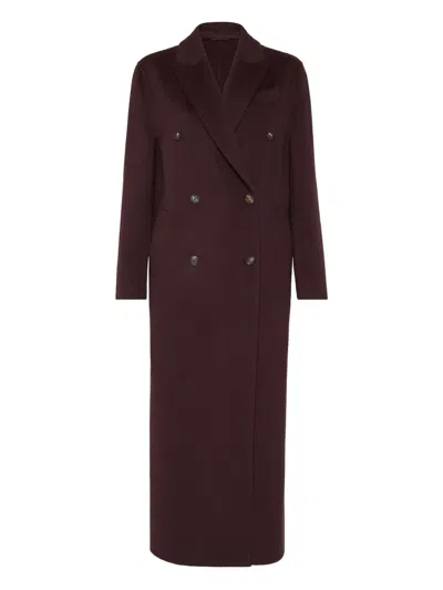 Brunello Cucinelli Hand-crafted Coat In Cashmere Double Beaver Cloth With Monili In Burgundy