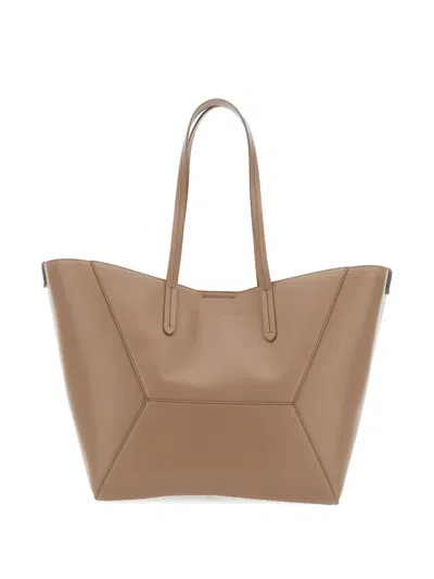 Brunello Cucinelli Beige Tote Bag With Logo Lettering On The Front And Geometric Panels Design In Leather Woman In Brown
