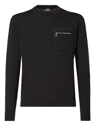 Fendi Regular Fit Wool Blend Pullover With Pockets In Black