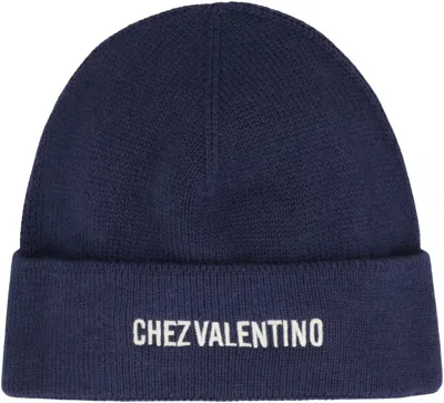 Valentino Garavani Cotton And Wool Blend Beanie With Turn-up Brim In Blue