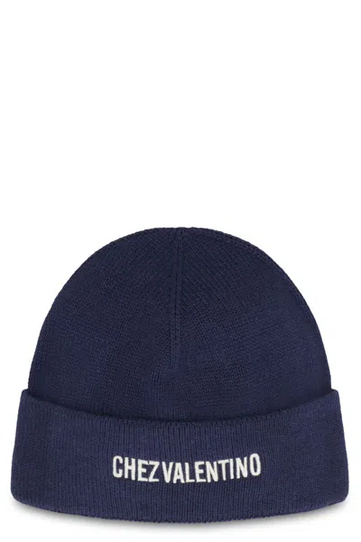 Valentino Garavani Cotton And Wool Blend Beanie With Turn-up Brim In Blue
