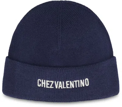 Valentino Garavani Cotton And Wool Blend Beanie With Turn-up Brim In Blue