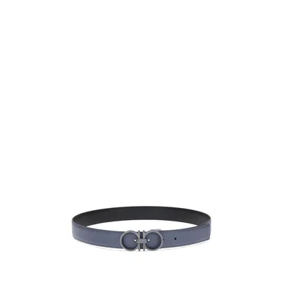 Ferragamo Leather Belt Reversible Textured Finish In Blue