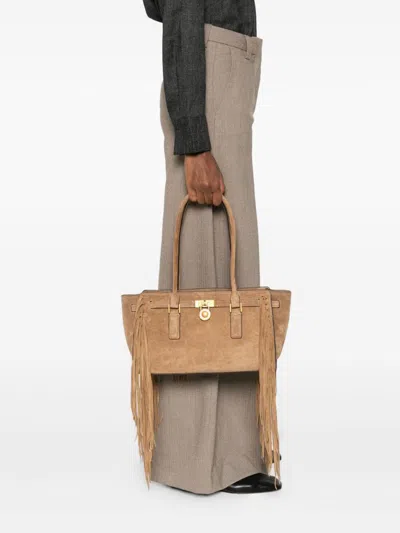 Michael Kors Hamilton Moderne Small Suede Logo Satchel With Fringes In Brown