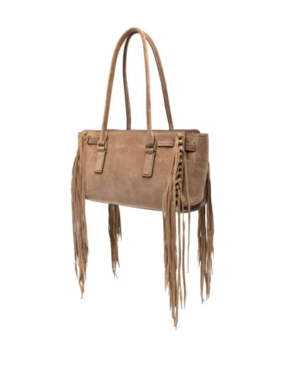 Michael Kors Hamilton Moderne Small Suede Logo Satchel With Fringes In Brown