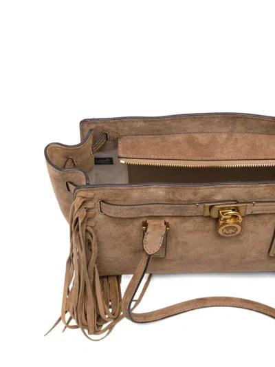 Michael Kors Hamilton Moderne Small Suede Logo Satchel With Fringes In Brown
