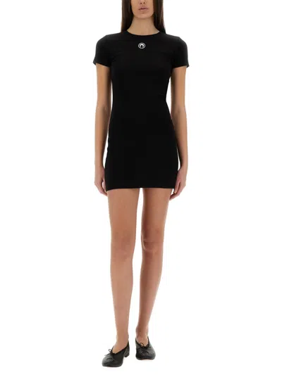 Marine Serre Black Long T-shirt With Crescent Moon Embroidered On The Front And Logo Patch On The Back In Black