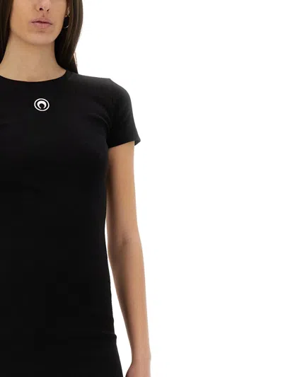 Marine Serre Black Long T-shirt With Crescent Moon Embroidered On The Front And Logo Patch On The Back In Black