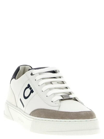 Ferragamo Alaska Leather And Suede Sneaker With Gancini Detail In White