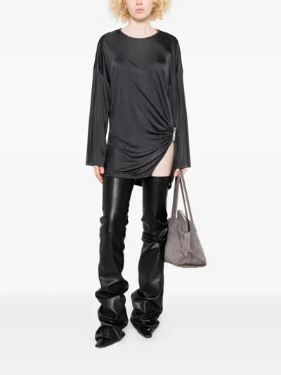 Attico Knotted Draped Mini Dress With Bell Sleeves In Gray