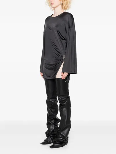 Attico Knotted Draped Mini Dress With Bell Sleeves In Gray