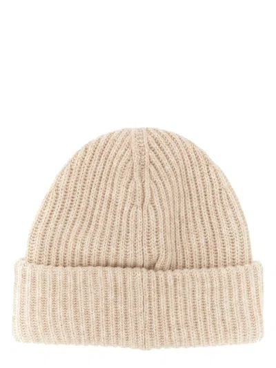 Ganni Beige Fisherman Rib Beanie With Logo Patch In Wool Blend Woman In Neutral
