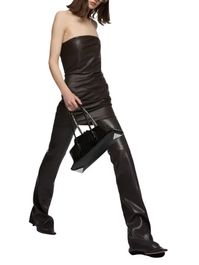 Attico Brown Off-shoulder Sleeveless Mini Dress With Rear Zip Closure In Leather Woman In Brown