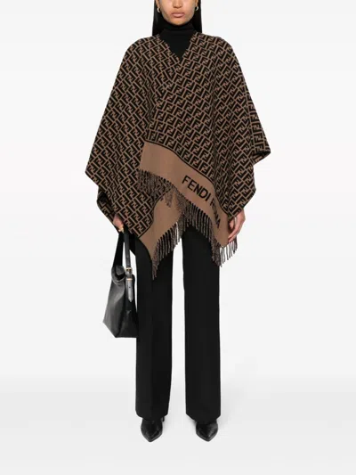 Fendi Ff Wool And Cashmere Poncho In Brown